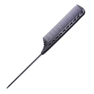 A black hair comb with fine and wide teeth, suitable for styling and grooming.