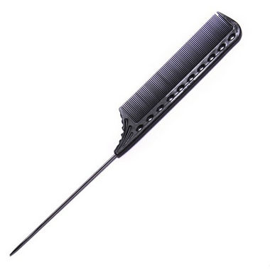 Black hair comb with a fine-toothed side and a long handle for styling, perfect for hairdressing.