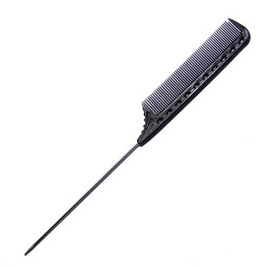 black hair comb with fine teeth and a pointed tail