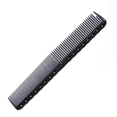 A black hair comb with fine and wide teeth, ideal for styling and detangling hair.