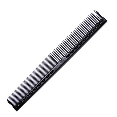 A black hair comb with fine and wide teeth, commonly used for styling and grooming hair.