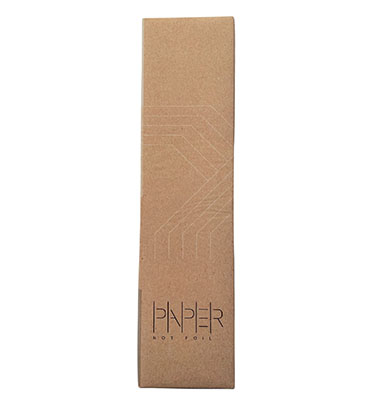 A tall, slender cardboard packaging displaying the word 